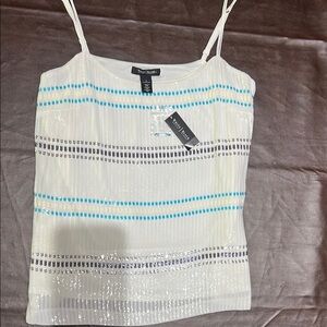 NWT White House Black Market Cream Sequin Camisole Size L Blue Black and White